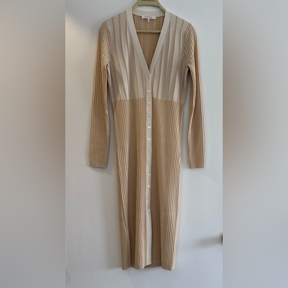 FRAME Beige Ribbed Button-Front Cardigan Dress Long Sleeve Midi Dress SM nwot - Picture 2 of 13